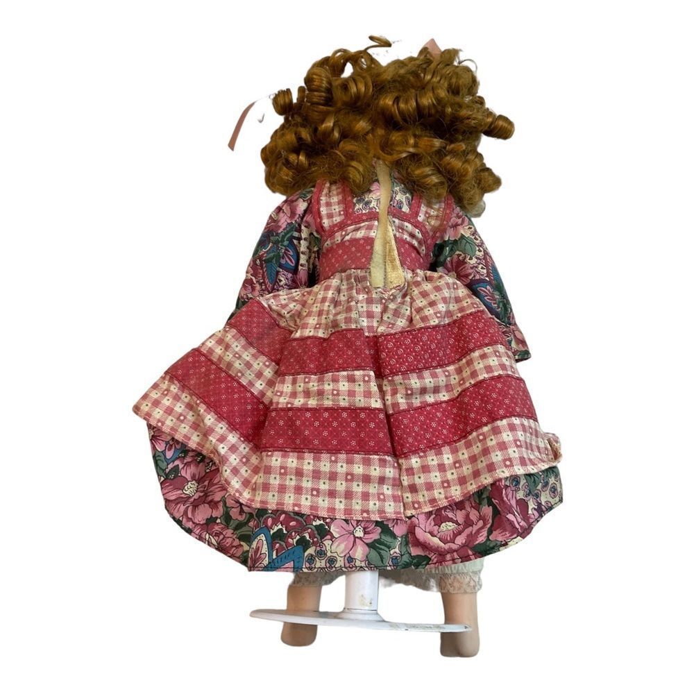Vintage Porcelain Doll, Blonde Girl, Pink Flower Dress, Green Eyes Tall 15”. - Picture 10 of 16